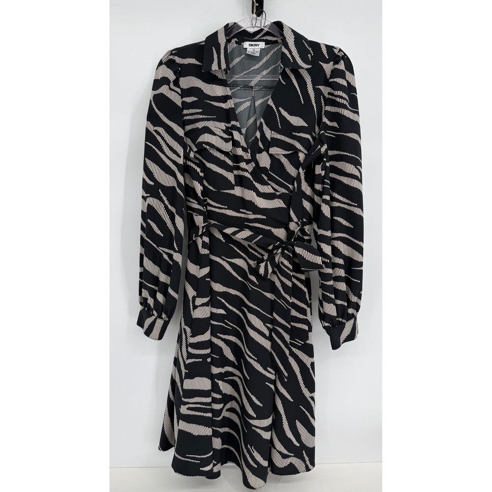 DKNY Womens Black White Zebra Animal Print Long Sleeve Wrap Dress Sz 12